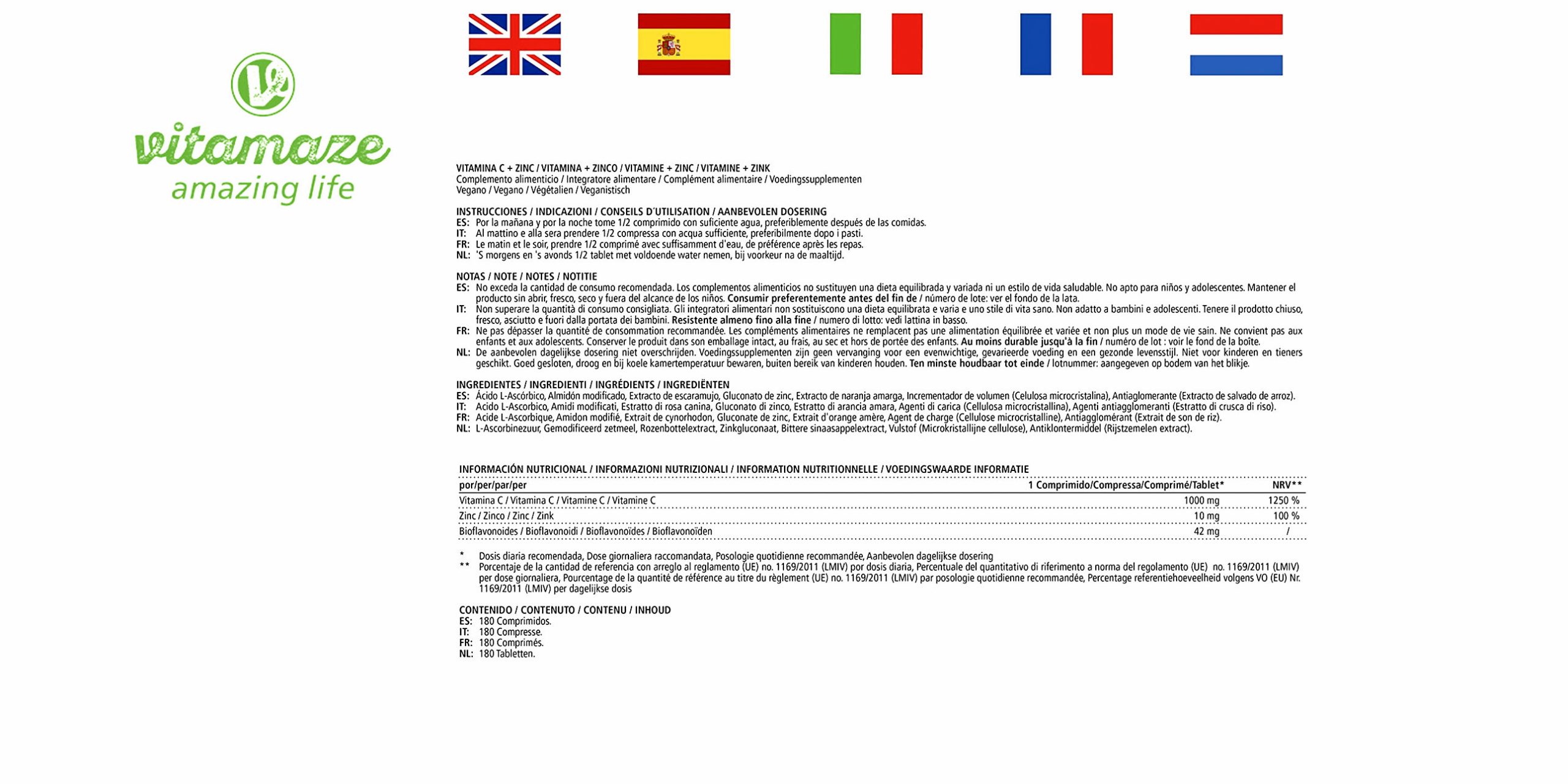 Vitamaze® Vitamina C 1000 mg + Zinc Vegana