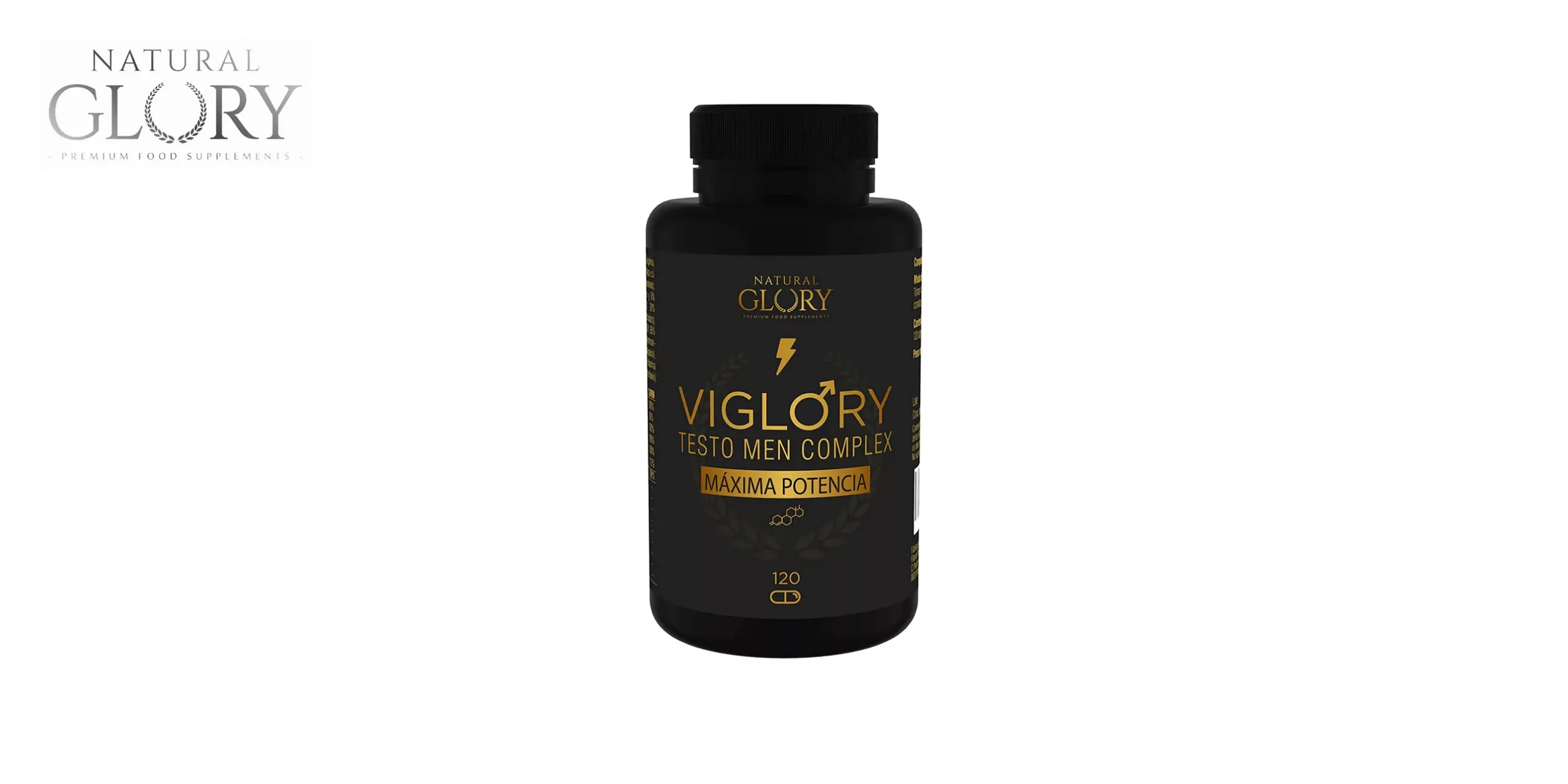 Viglory de Natural Glory es un suplemento natural de testosterona que contiene ingredientes orgánicos que potencian la libido, la energía y el rendimiento masculino. El bote es de color negro con letrasdoradas y tiene el logo de la marca Natural Glory en la parte superior. En el centro se puede leer el nombre del producto, Viglory, y debajo se indica que contiene 120 cápsulas. El bote tiene un tapón negro con un sello de seguridad.