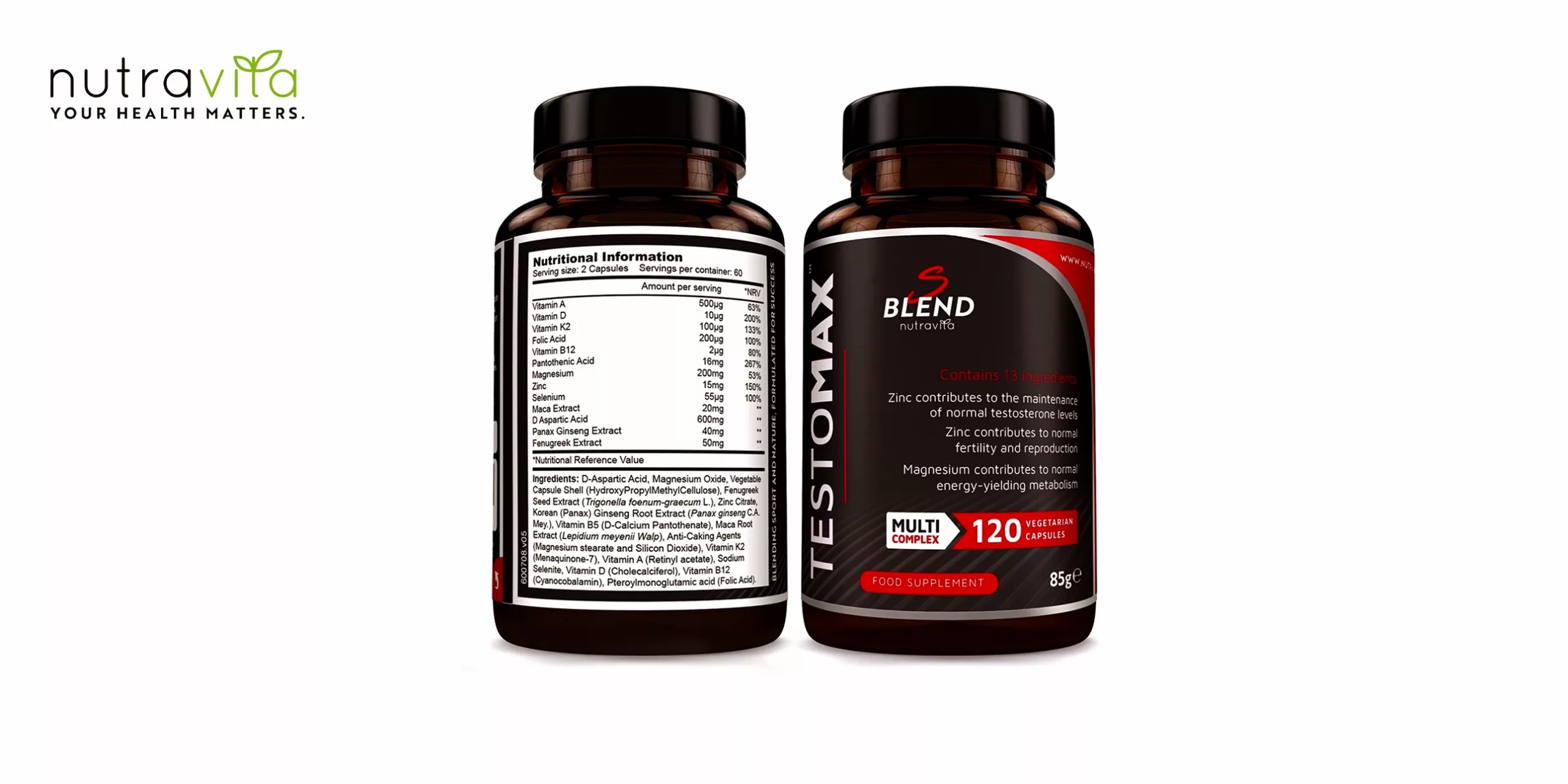 Testo Max de Nutravita es un suplemento natural de testosterona que contiene ingredientes clínicamente probados que apoyan la salud hormonal, muscular y sexual masculina. El bote es de color ambar con letras negras,blancas y plateadas. Tiene el logo de la marca Nutravita en la parte superior. En el centro se puede leer el nombre del producto, Testo Max, y debajo se indica que contiene 120 cápsulas. El bote tiene un tapón negro con un sello de seguridad.