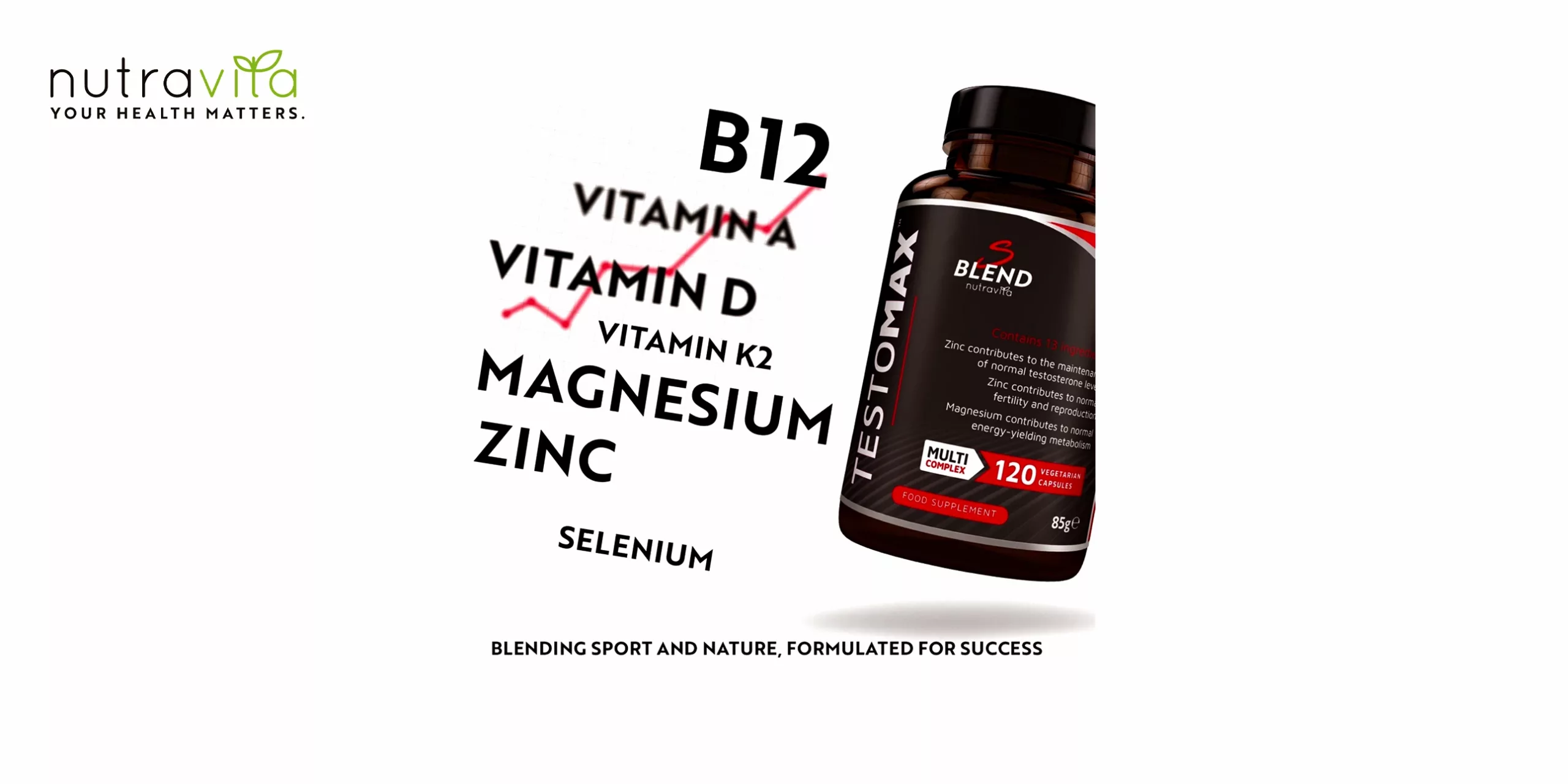 Testo Max de Nutravita es un suplemento natural de testosterona que contiene ingredientes clínicamente probados que apoyan la salud hormonal, muscular y sexual masculina. El bote es de color ambar con letras negras,blancas y plateadas. Tiene el logo de la marca Nutravita en la parte superior. En el centro se puede leer el nombre del producto, Testo Max, y debajo se indica que contiene 120 cápsulas. El bote tiene un tapón negro con un sello de seguridad.