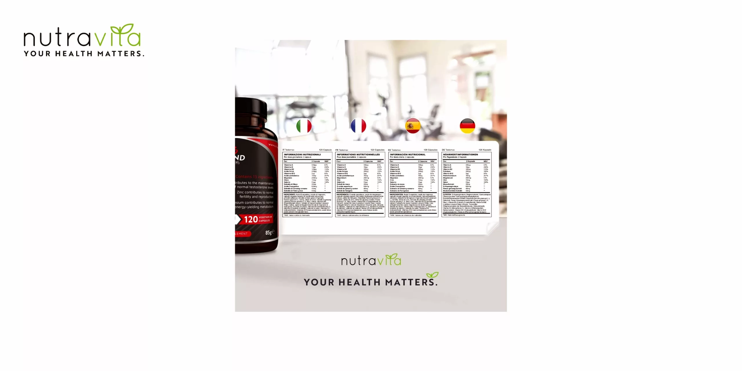 Testo Max de Nutravita es un suplemento natural de testosterona que contiene ingredientes clínicamente probados que apoyan la salud hormonal, muscular y sexual masculina. El bote es de color ambar con letras negras,blancas y plateadas. Tiene el logo de la marca Nutravita en la parte superior. En el centro se puede leer el nombre del producto, Testo Max, y debajo se indica que contiene 120 cápsulas. El bote tiene un tapón negro con un sello de seguridad.