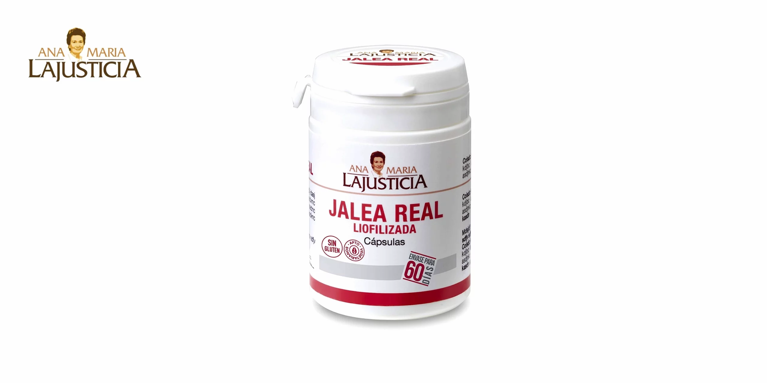 El bote de Jalea Real Liofilizada de Ana Maria Lajusticia es un complemento alimenticio que contiene jalea real liofilizada, una sustancia natural que producen las abejas y que tiene propiedades nutritivas y beneficiosas para la salud. El envase tiene un color blanco y una forma cilíndrica, con el logo de la marca y el nombre del producto en la parte frontal, en letras negras y rojas. En la parte trasera tiene una etiqueta con la información nutricional, los ingredientes y el modo de empleo. El bote contiene 60 cápsulas, que se presentan en un blíster transparente dentro del bote. El bote mide unos 10 cm de alto y unos 5 cm de diámetro, y pesa unos 100 g.
