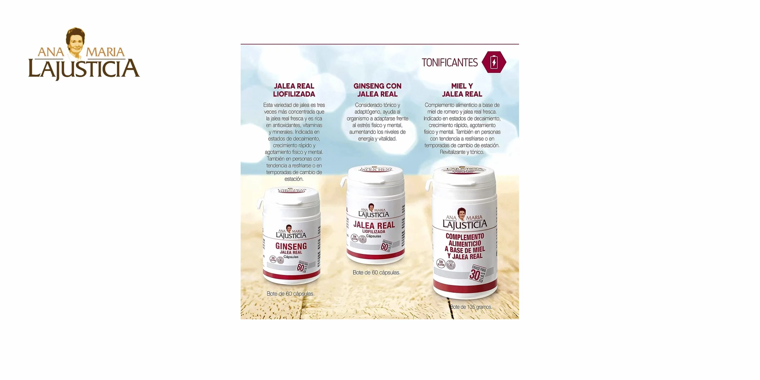 El bote de Jalea Real Liofilizada de Ana Maria Lajusticia es un complemento alimenticio que contiene jalea real liofilizada, una sustancia natural que producen las abejas y que tiene propiedades nutritivas y beneficiosas para la salud. El envase tiene un color blanco y una forma cilíndrica, con el logo de la marca y el nombre del producto en la parte frontal, en letras negras y rojas. En la parte trasera tiene una etiqueta con la información nutricional, los ingredientes y el modo de empleo. El bote contiene 60 cápsulas, que se presentan en un blíster transparente dentro del bote. El bote mide unos 10 cm de alto y unos 5 cm de diámetro, y pesa unos 100 g.