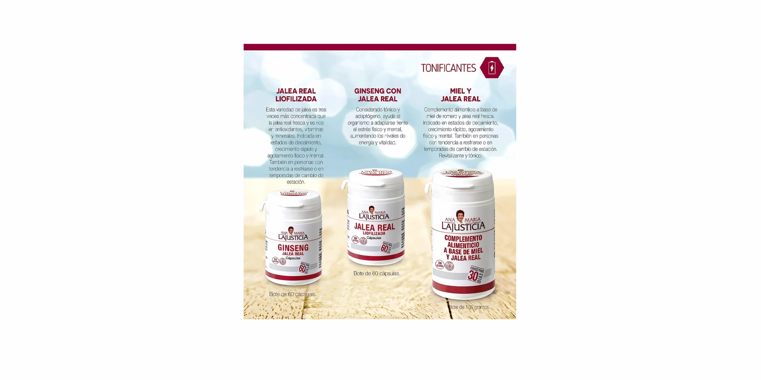 El bote de Jalea Real Liofilizada de Ana Maria Lajusticia es un complemento alimenticio que contiene jalea real liofilizada, una sustancia natural que producen las abejas y que tiene propiedades nutritivas y beneficiosas para la salud. El envase tiene un color blanco y una forma cilíndrica, con el logo de la marca y el nombre del producto en la parte frontal, en letras negras y rojas. En la parte trasera tiene una etiqueta con la información nutricional, los ingredientes y el modo de empleo. El bote contiene 60 cápsulas, que se presentan en un blíster transparente dentro del bote. El bote mide unos 10 cm de alto y unos 5 cm de diámetro, y pesa unos 100 g.