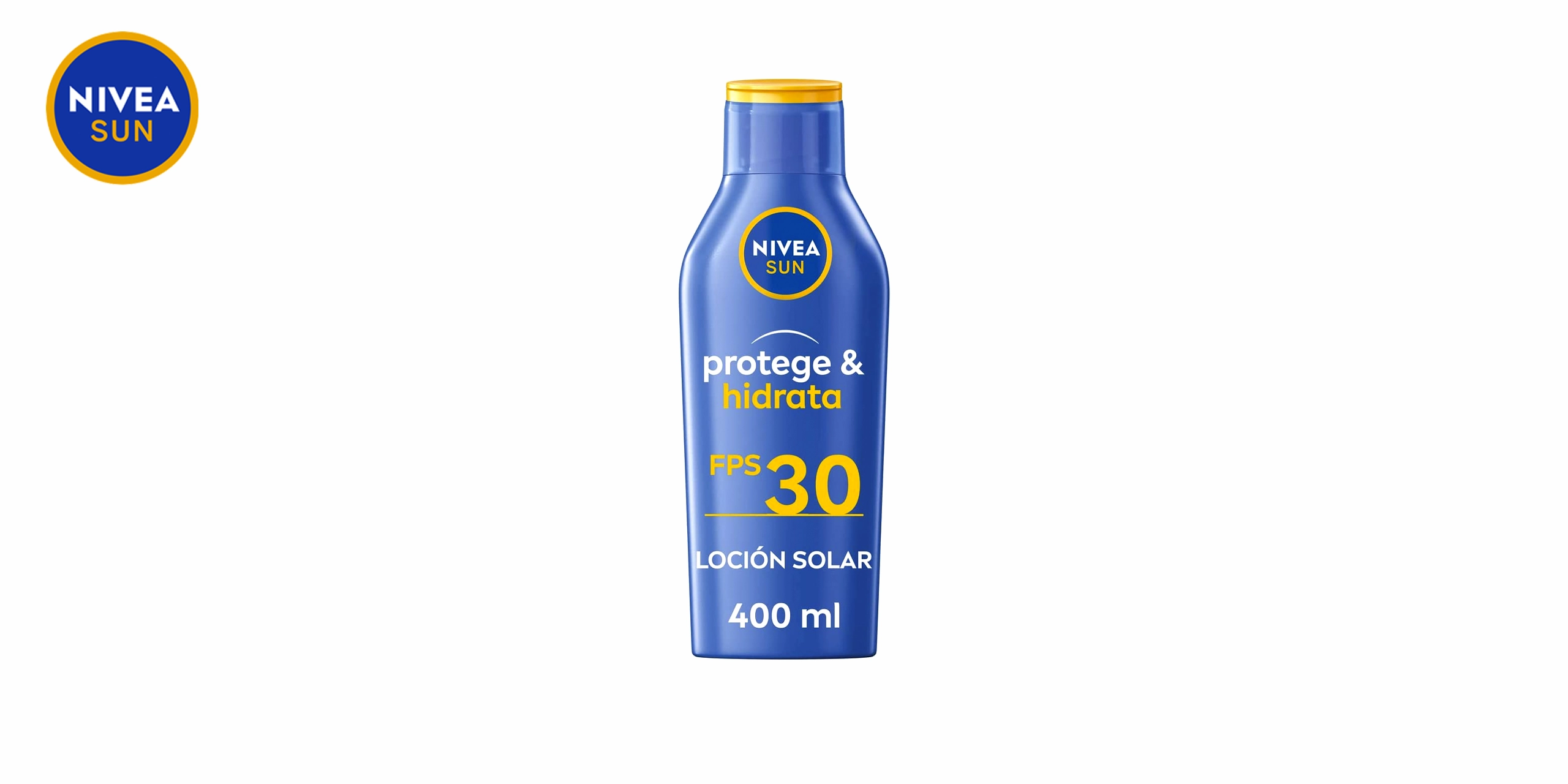 Bote de Nivea Sun Protege Hidrata Leche Solar FP30 azul con detalles blancos y naranjas