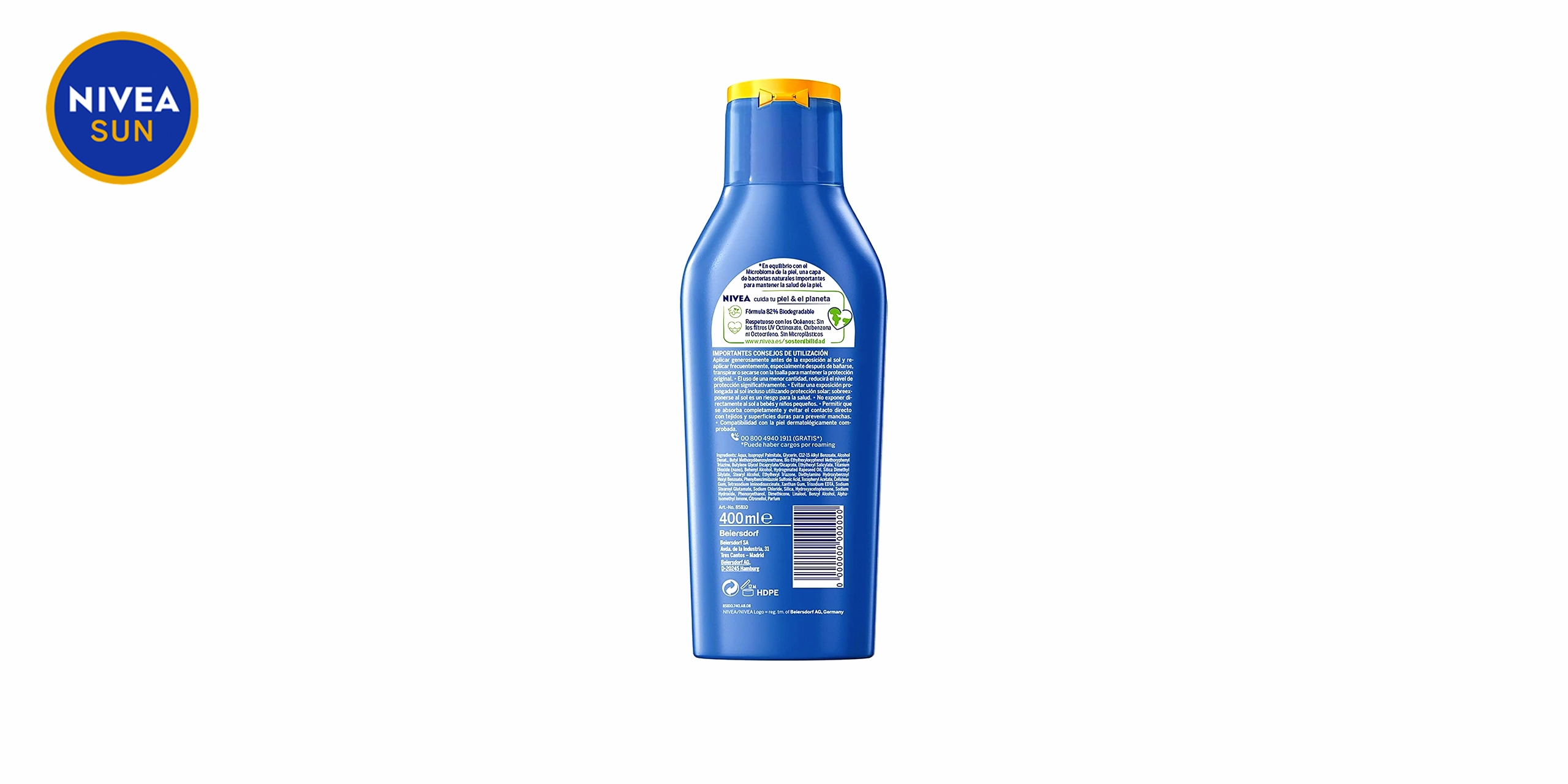 Bote de Nivea Sun Protege Hidrata Leche Solar FP30 azul con detalles blancos y naranjas