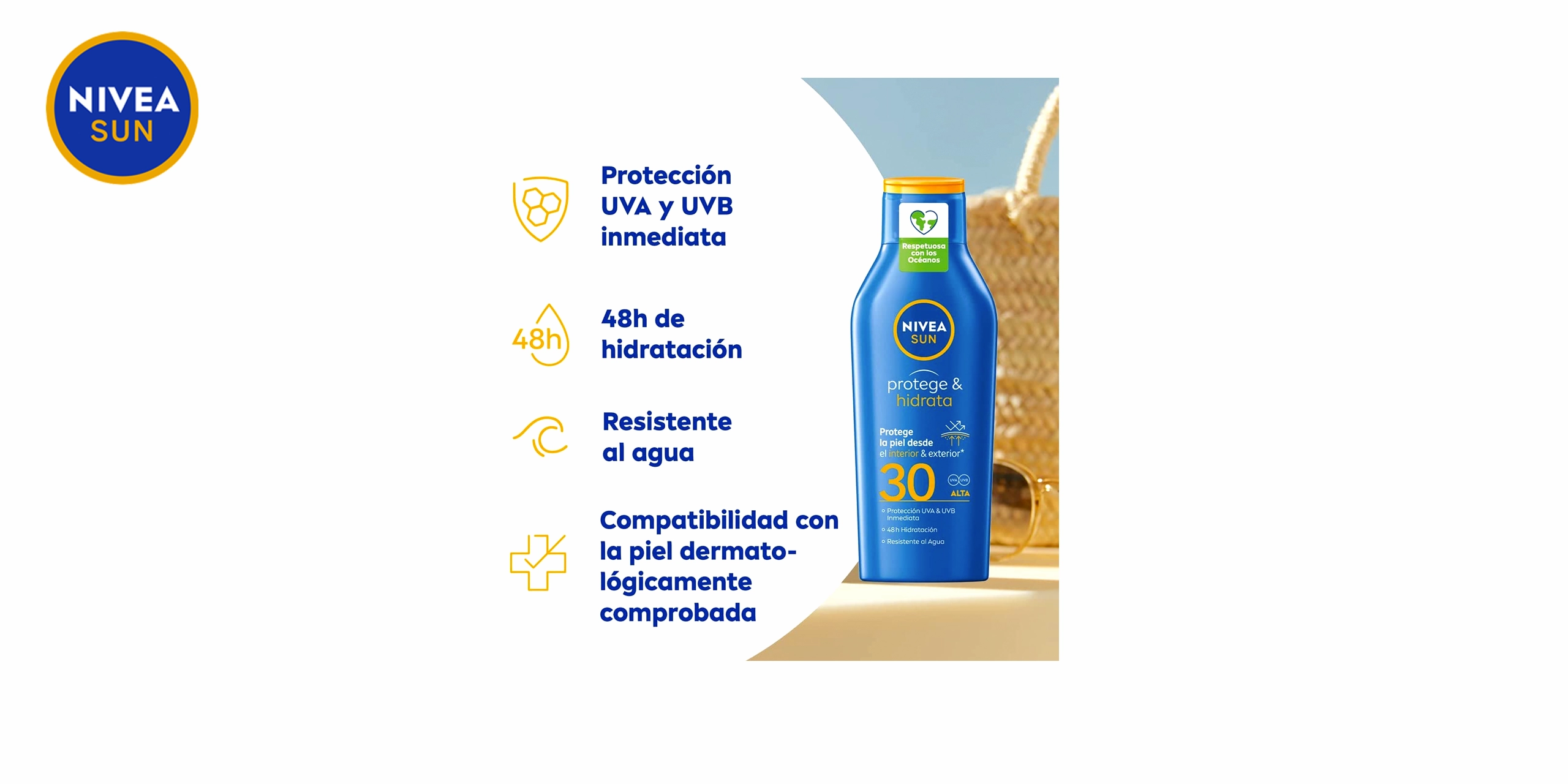 Bote de Nivea Sun Protege Hidrata Leche Solar FP30 azul con detalles blancos y naranjas