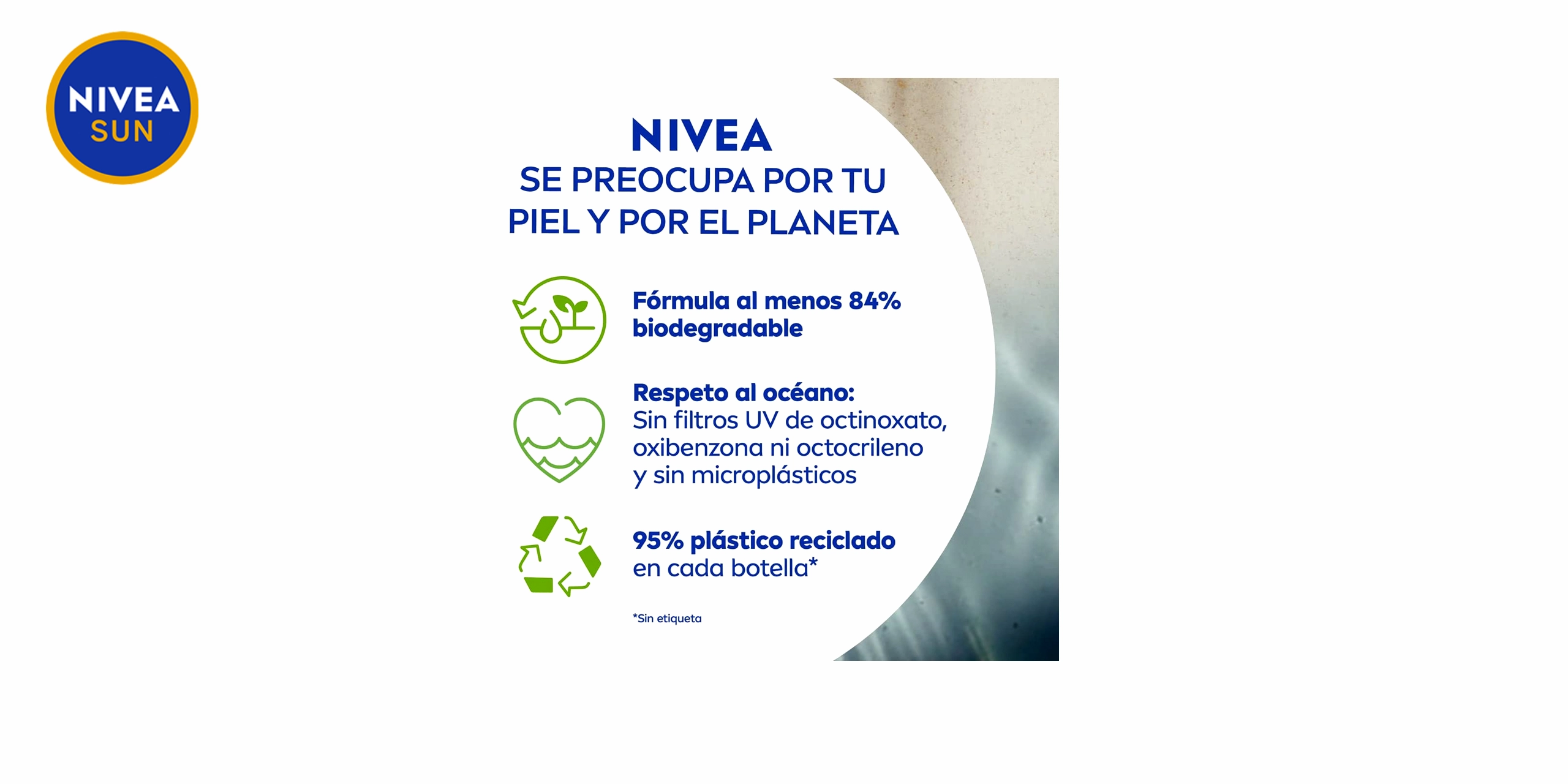 Bote de Nivea Sun Protege Hidrata Leche Solar FP30 azul con detalles blancos y naranjas