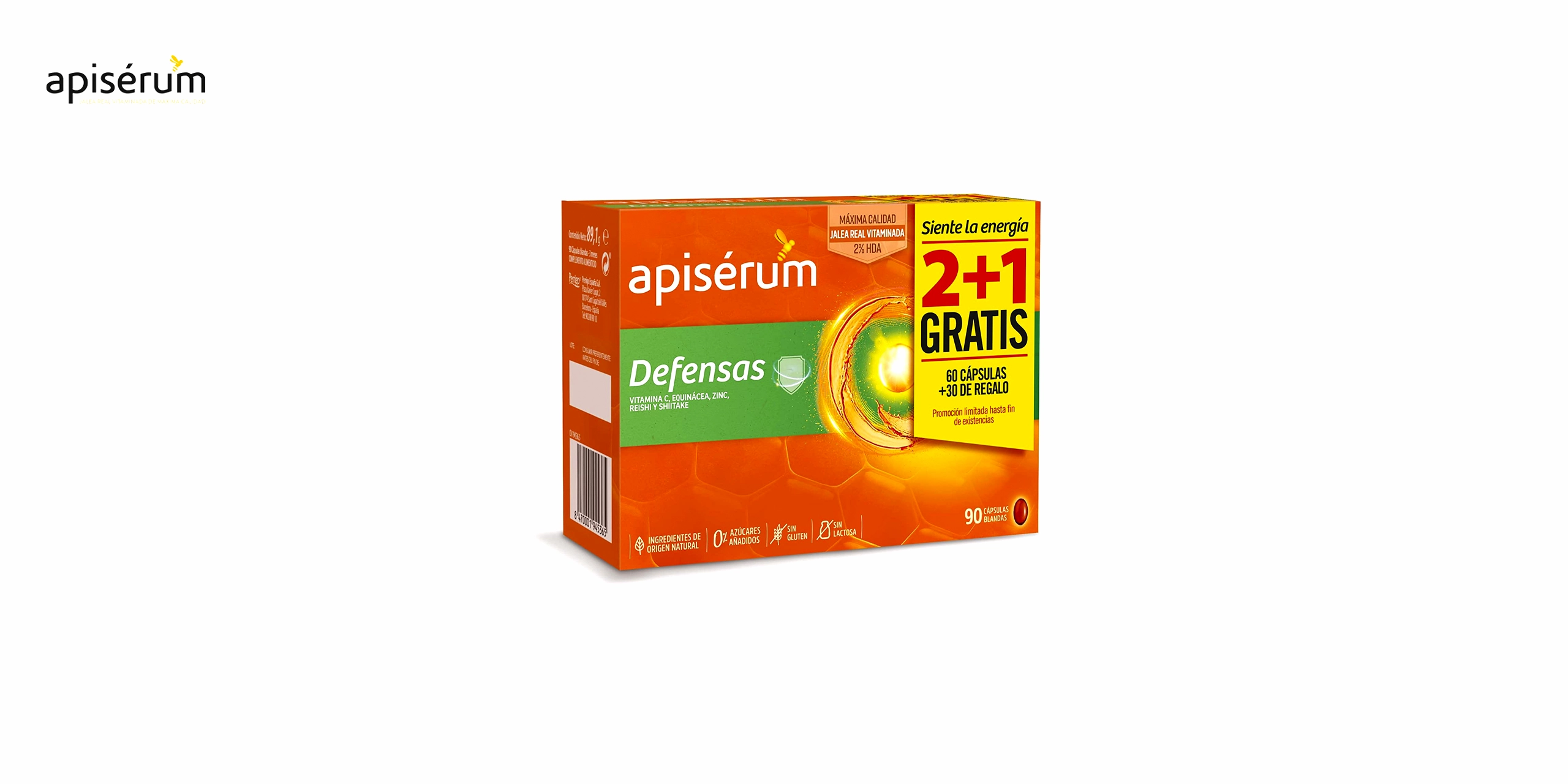 La caja de apiserum defensas es de color naranja con detalles en blanco y naranja. Tiene el nombre del producto en letras grandes y el logo de la marca en la esquina superior izquierda. En la parte frontal, se indica que contiene 90 cápsulas, que es un complemento alimenticio con jalea real, vitamina C, equinácea, zinc, reishi y shitake, y que ayuda a mantener y reforzar las defensas. En la parte trasera, se muestra la información nutricional, el modo de empleo, las precauciones y los ingredientes. La caja tiene un tamaño aproximado de 12 x 8 x 6 cm y un peso de 250 g.