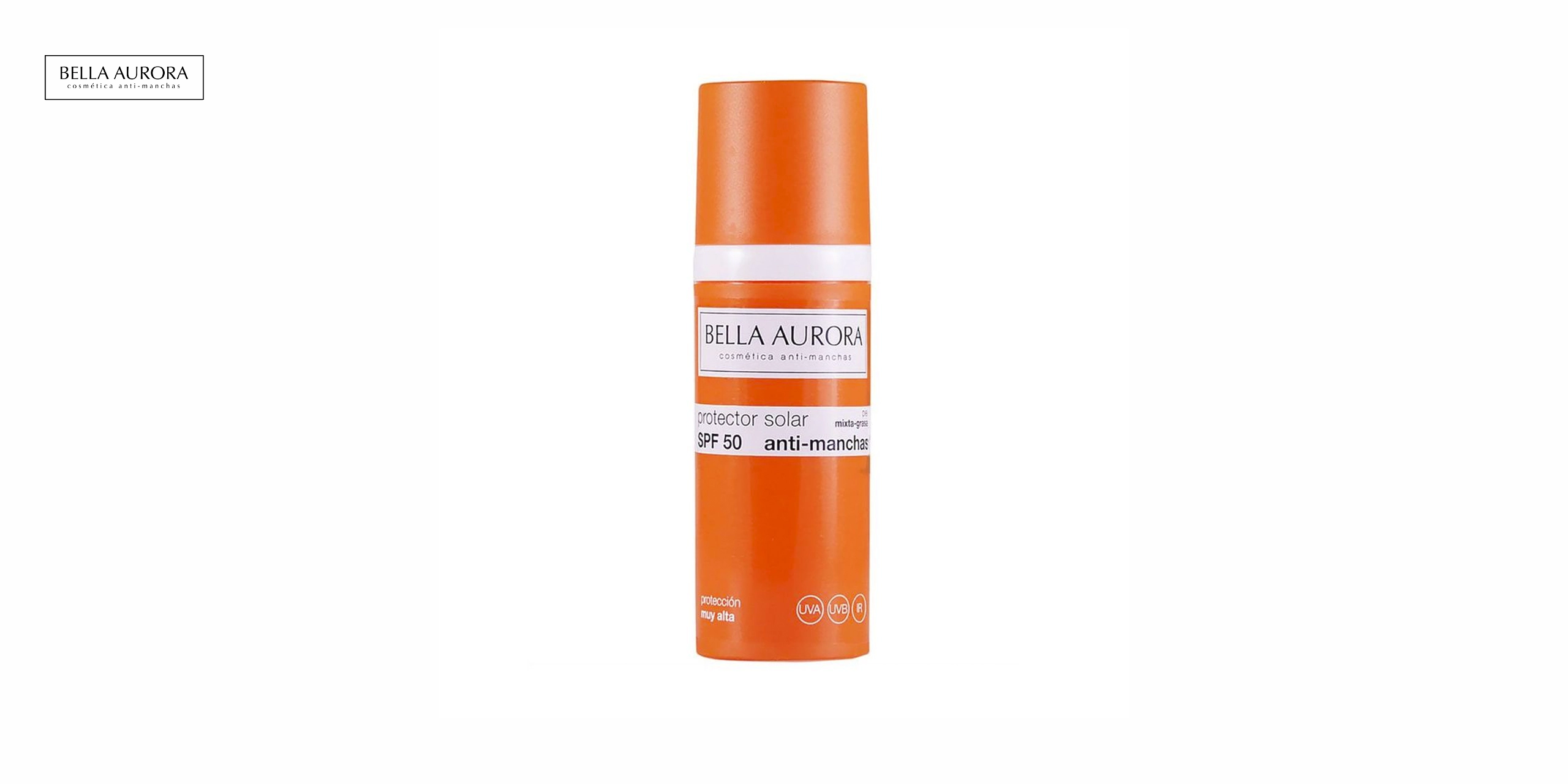 La caja y el bote de Bella Aurora Protector Solar SPF 50+ Facial Anti-Manchas Piel Mixta Grasa, 50 ml son de color blanco con detalles en azul y naranja. La caja tiene el logotipo de Bella aurora en la parte superior frontal y el nombre del producto en la parte frontal. También indica que se trata de un protector solar antimancha. En la parte trasera y lateral de la caja se pueden leer las características, los beneficios, la composición y el modo de empleo del producto. El bote tiene forma cilíndrica. En la etiqueta se repite la información de la caja y se añade un código de barras. El bote contiene 50 ml de producto.
