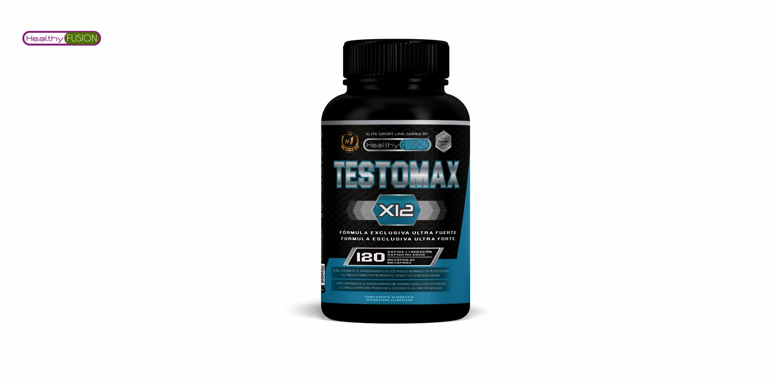 El bote de testomax de healthy fusion es un producto que contiene una fórmula natural que ayuda a aumentar los niveles de testosterona en el cuerpo. Tiene un diseño negro,azul y blanco con el logo de healthy fusion y el nombre del producto en letras grandes. En la parte inferior, se puede leer que contiene 60 cápsulas y que es apto para veganos. 🌱