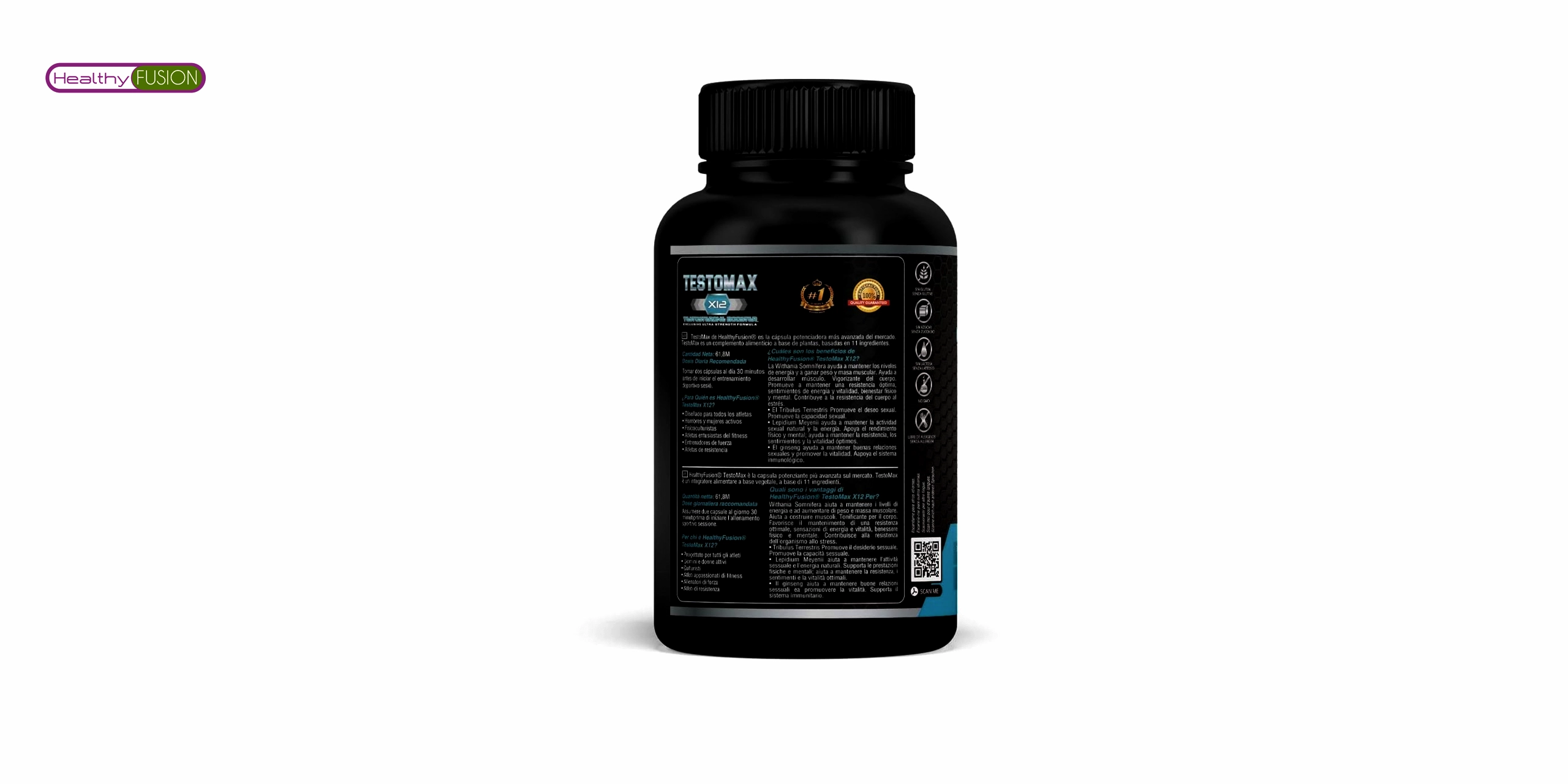 El bote de testomax de healthy fusion es un producto que contiene una fórmula natural que ayuda a aumentar los niveles de testosterona en el cuerpo. Tiene un diseño negro,azul y blanco con el logo de healthy fusion y el nombre del producto en letras grandes. En la parte inferior, se puede leer que contiene 60 cápsulas y que es apto para veganos. 🌱