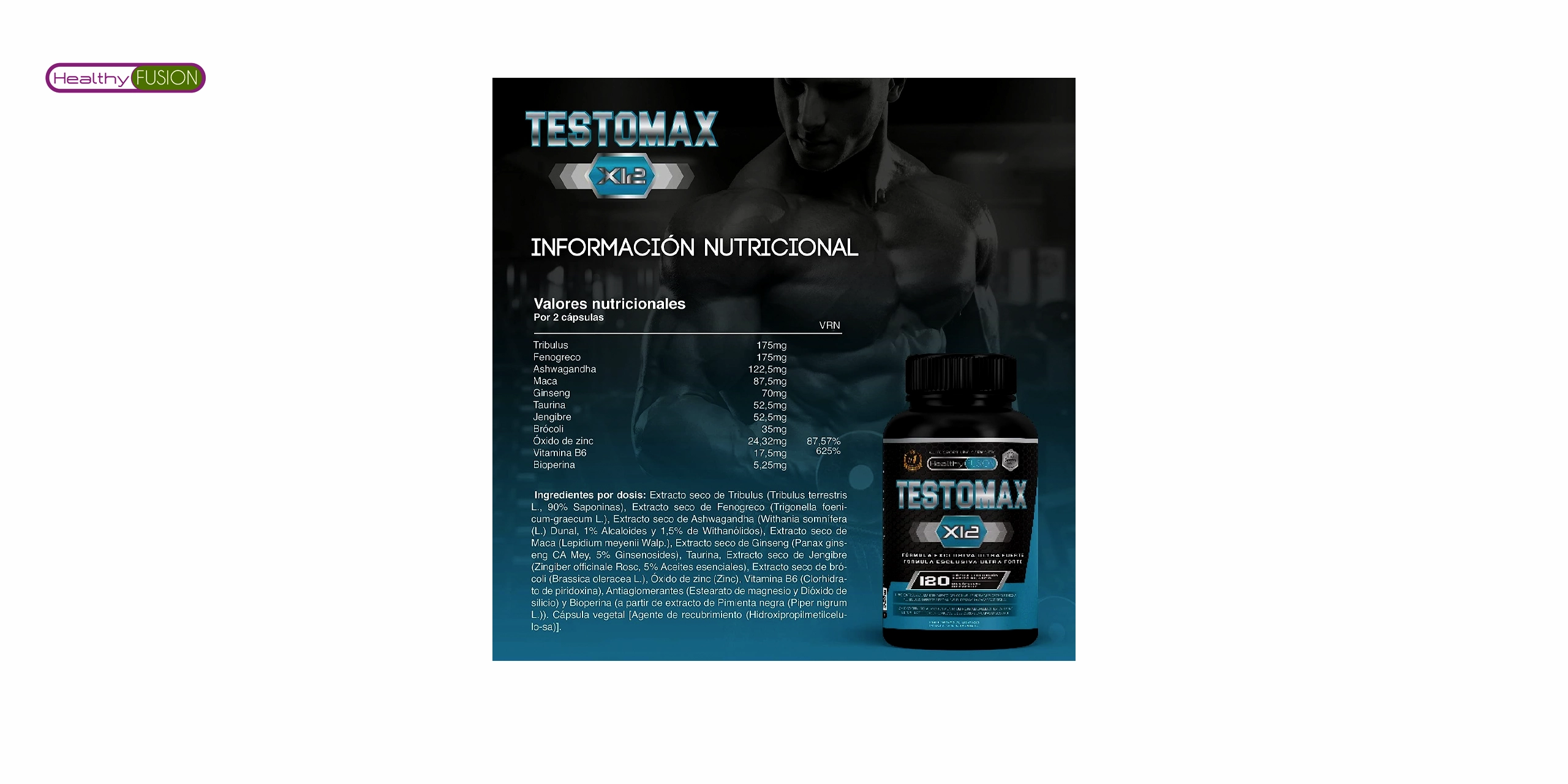 El bote de testomax de healthy fusion es un producto que contiene una fórmula natural que ayuda a aumentar los niveles de testosterona en el cuerpo. Tiene un diseño negro,azul y blanco con el logo de healthy fusion y el nombre del producto en letras grandes. En la parte inferior, se puede leer que contiene 60 cápsulas y que es apto para veganos. 🌱