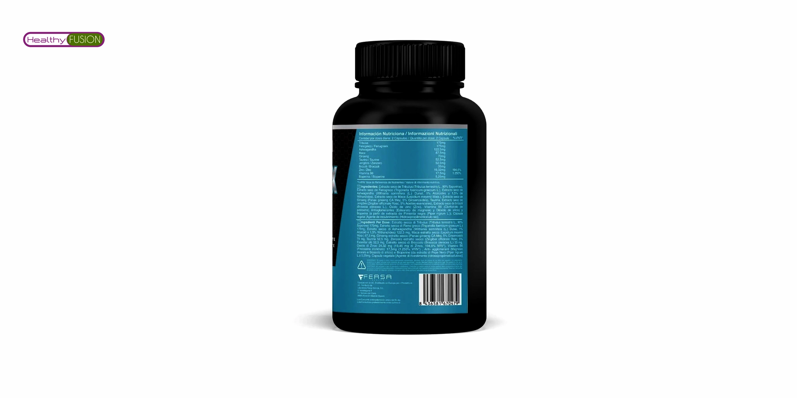 El bote de testomax de healthy fusion es un producto que contiene una fórmula natural que ayuda a aumentar los niveles de testosterona en el cuerpo. Tiene un diseño negro,azul y blanco con el logo de healthy fusion y el nombre del producto en letras grandes. En la parte inferior, se puede leer que contiene 60 cápsulas y que es apto para veganos. 🌱