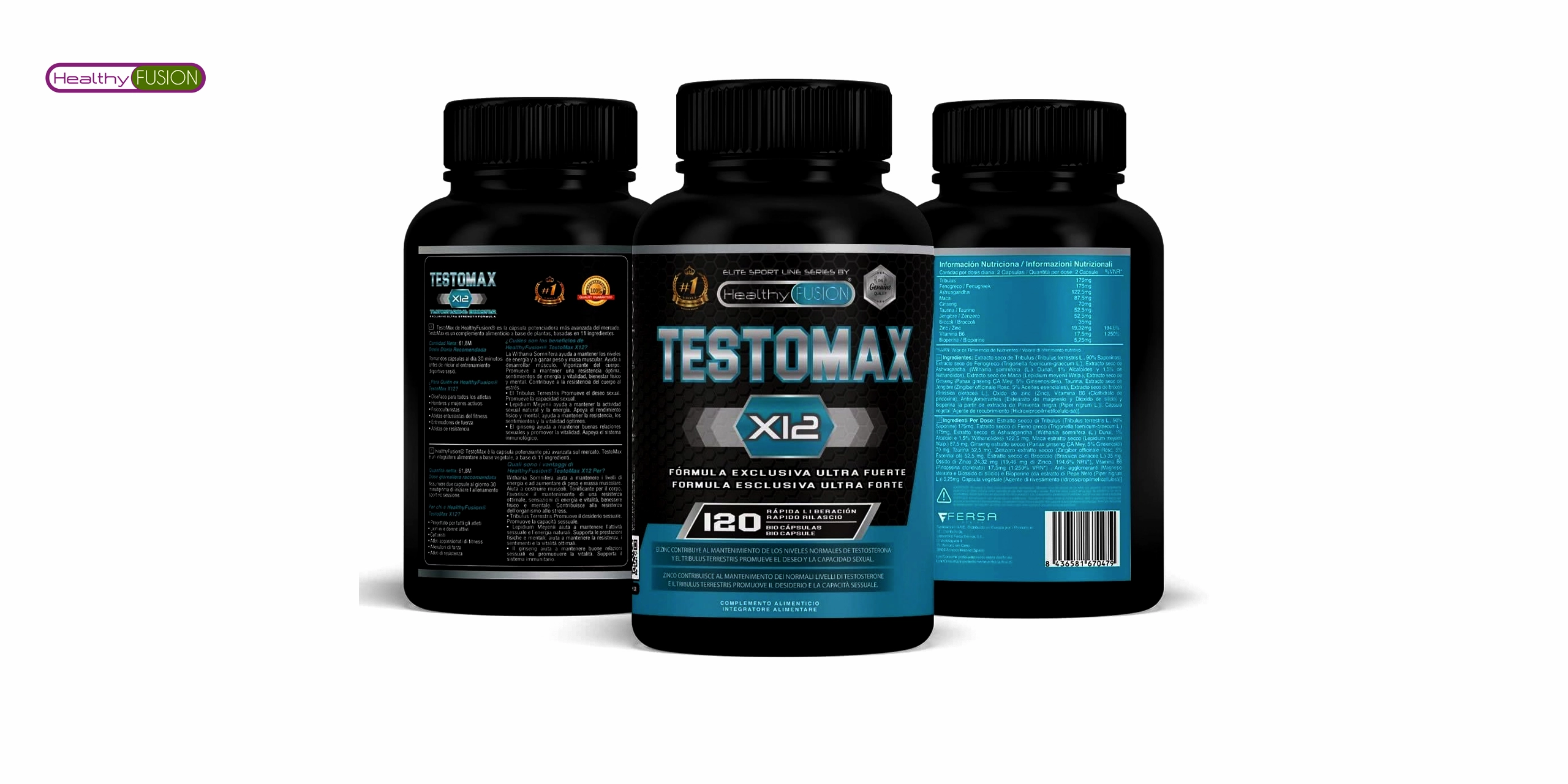 El bote de testomax de healthy fusion es un producto que contiene una fórmula natural que ayuda a aumentar los niveles de testosterona en el cuerpo. Tiene un diseño negro,azul y blanco con el logo de healthy fusion y el nombre del producto en letras grandes. En la parte inferior, se puede leer que contiene 60 cápsulas y que es apto para veganos. 🌱