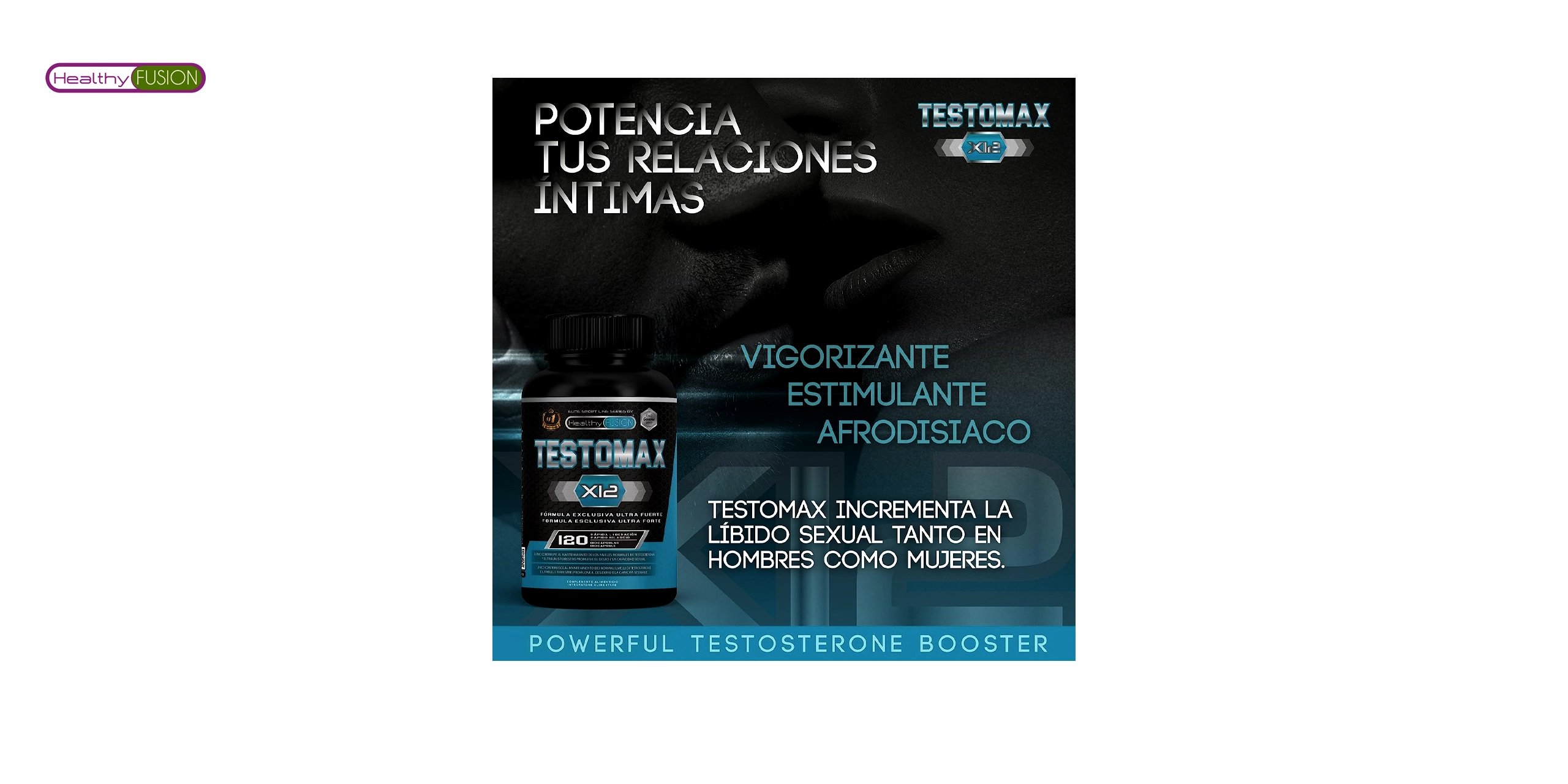 El bote de testomax de healthy fusion es un producto que contiene una fórmula natural que ayuda a aumentar los niveles de testosterona en el cuerpo. Tiene un diseño negro,azul y blanco con el logo de healthy fusion y el nombre del producto en letras grandes. En la parte inferior, se puede leer que contiene 60 cápsulas y que es apto para veganos. 🌱