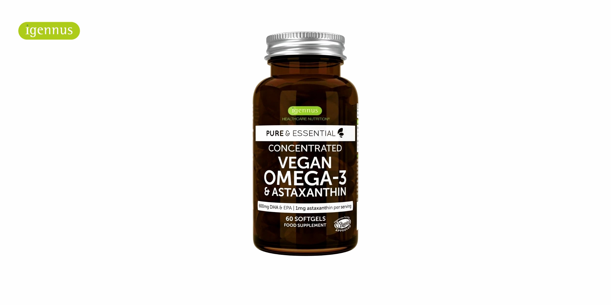 Un bote ambar con el logo de igennus en verde y el nombre de Omega 3 Vegano con Astaxantina en letras blancas. El bote contiene 60 cápsulas blandas de Omega 3 Vegano con Astaxantina, un suplemento que combina los ácidos grasos omega-3 de origen vegetal con la astaxantina, un potente antioxidante que protege las células del daño oxidativo.