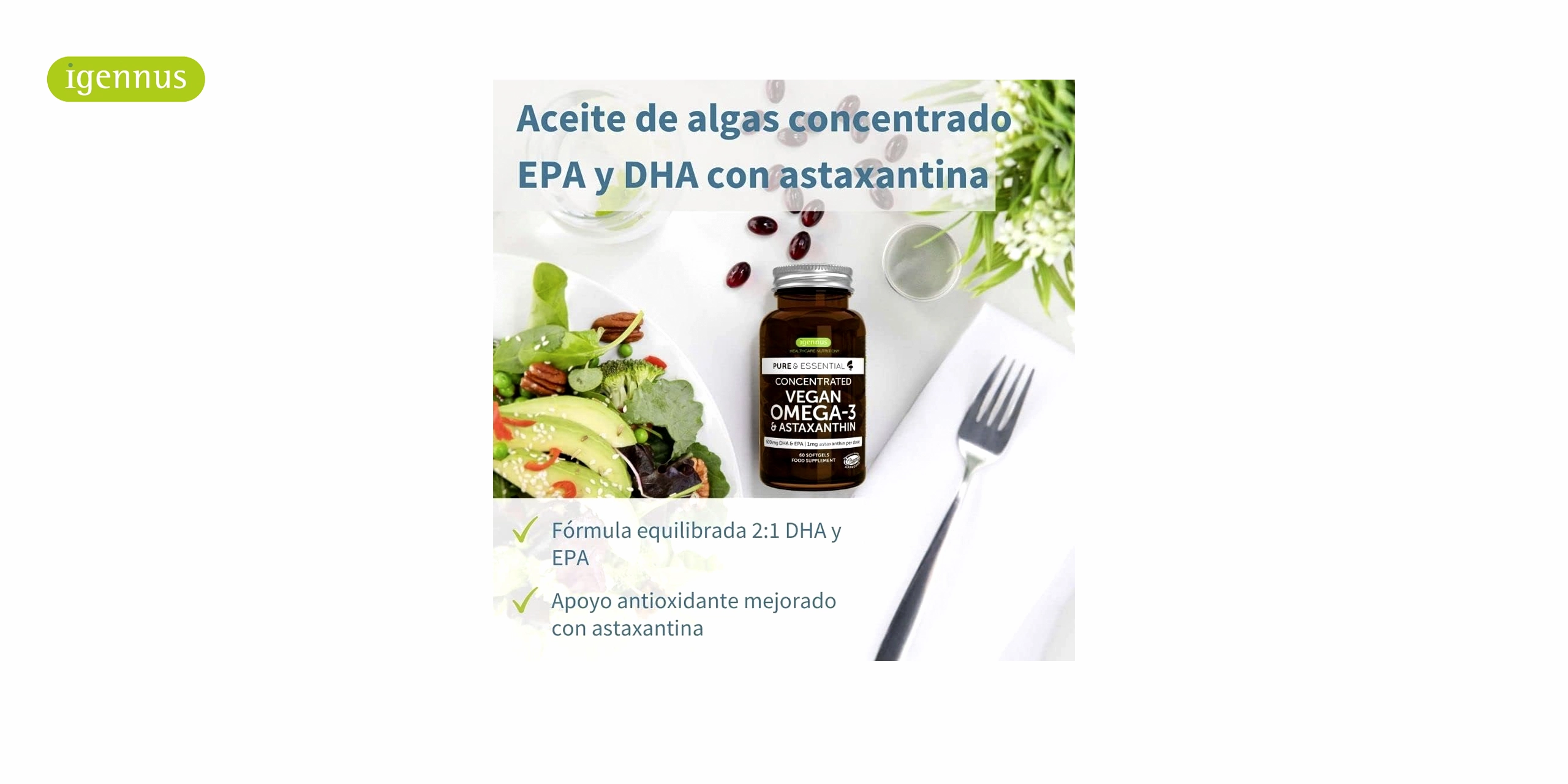 Un bote ambar con el logo de igennus en verde y el nombre de Omega 3 Vegano con Astaxantina en letras blancas. El bote contiene 60 cápsulas blandas de Omega 3 Vegano con Astaxantina, un suplemento que combina los ácidos grasos omega-3 de origen vegetal con la astaxantina, un potente antioxidante que protege las células del daño oxidativo.