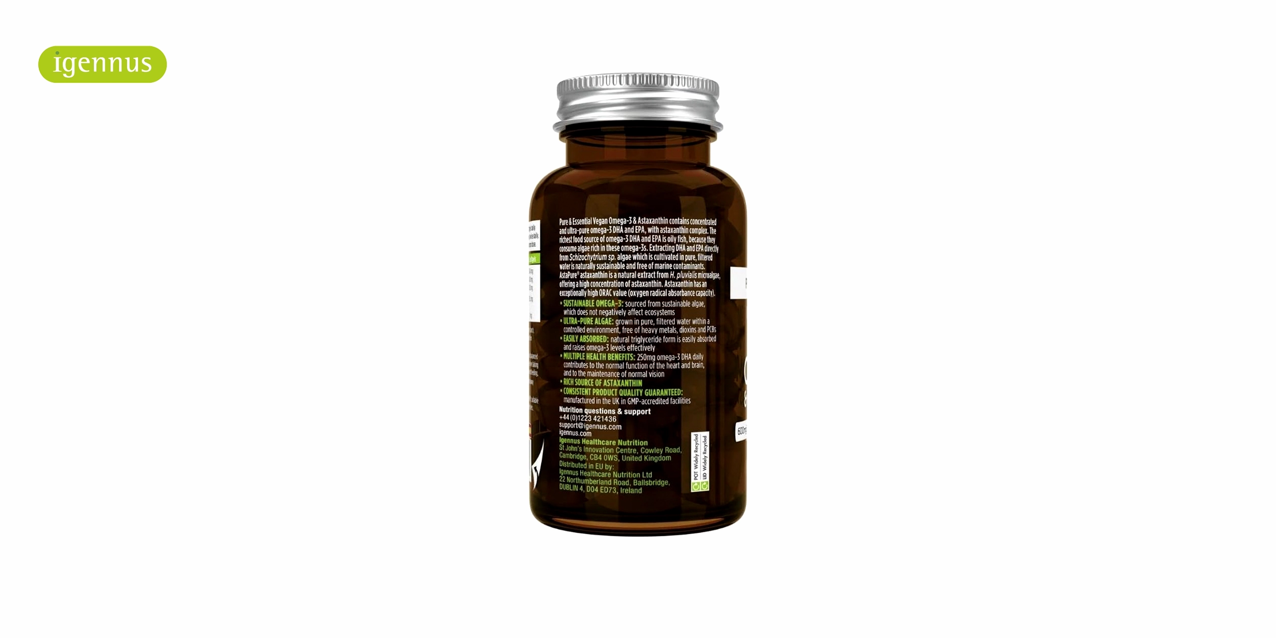 Un bote ambar con el logo de igennus en verde y el nombre de Omega 3 Vegano con Astaxantina en letras blancas. El bote contiene 60 cápsulas blandas de Omega 3 Vegano con Astaxantina, un suplemento que combina los ácidos grasos omega-3 de origen vegetal con la astaxantina, un potente antioxidante que protege las células del daño oxidativo.