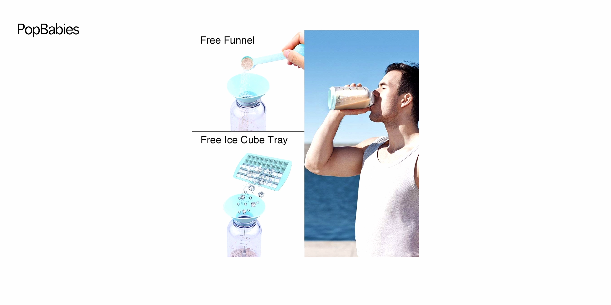 Una batidora portátil de color azul claro con un vaso transparente que contiene trozos de fruta fresca. Al lado hay una bandeja de hielo del mismo tono y un embudo de plástico blanco. El fondo es blanco y limpio