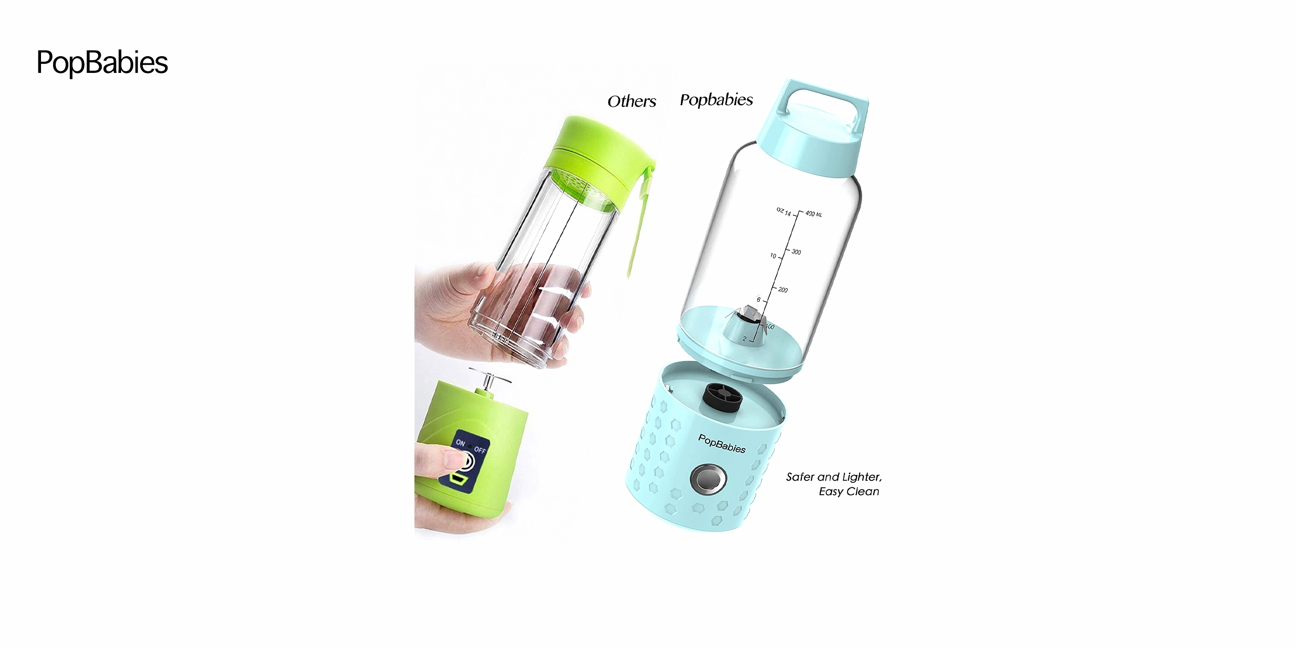 Una batidora portátil de color azul claro con un vaso transparente que contiene trozos de fruta fresca. Al lado hay una bandeja de hielo del mismo tono y un embudo de plástico blanco. El fondo es blanco y limpio