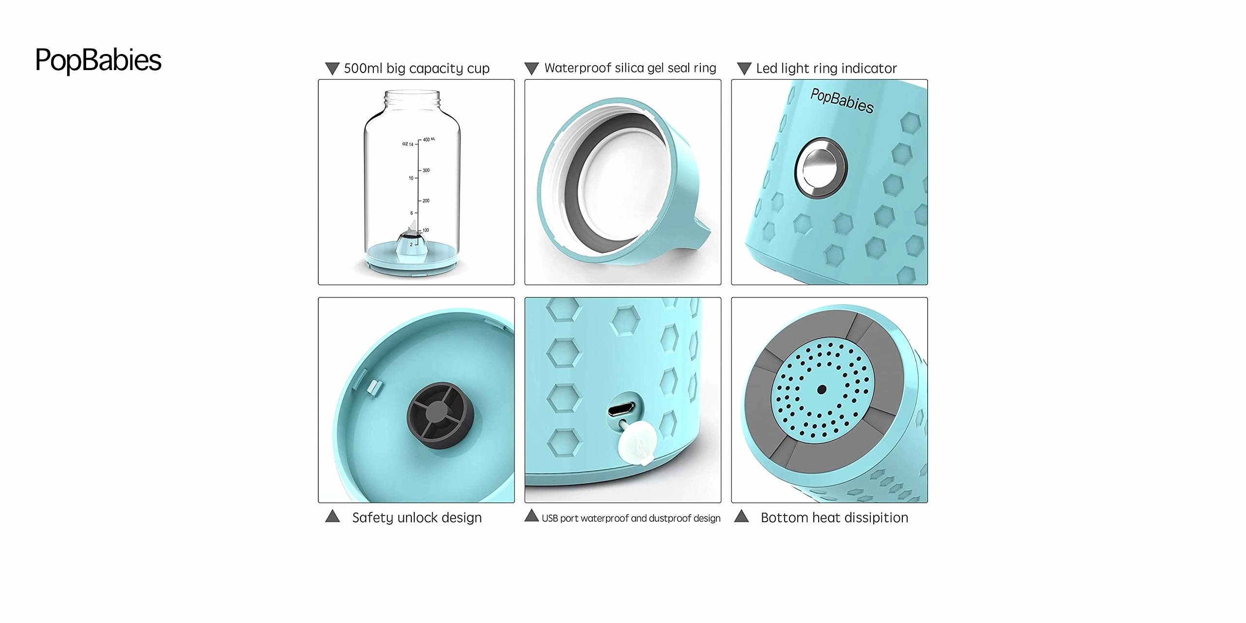 Una batidora portátil de color azul claro con un vaso transparente que contiene trozos de fruta fresca. Al lado hay una bandeja de hielo del mismo tono y un embudo de plástico blanco. El fondo es blanco y limpio