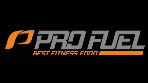 Logotipo de PRO FUEL con una letra ‘P’ estilizada en naranja y las palabras ‘BEST FITNESS FOOD’ en blanco sobre un fondo negro.