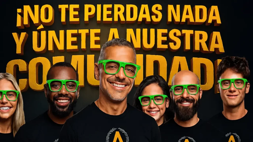 Grupo diverso de personas con gafas verdes y camisetas negras con el logotipo de HIJOSdeSPARTAN.com, frente a un fondo oscuro con texto 3D que dice “¡No te pierdas nada y únete a nuestra comunidad!”
